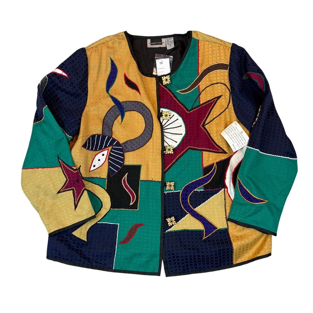 NWT Maggie Barnes Art To Wear Patchwork Jacket Womens 1X Funky Woven Mask